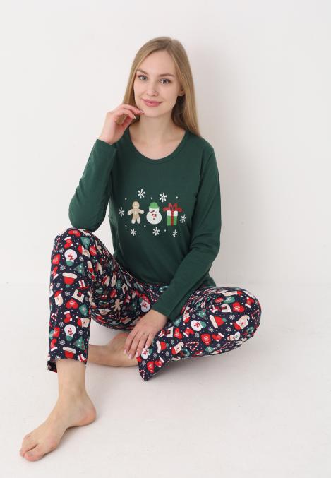 Pijama dama Craciun,maneca lunga si pantaloni lungi,imprimeu figurine festive, En-gros